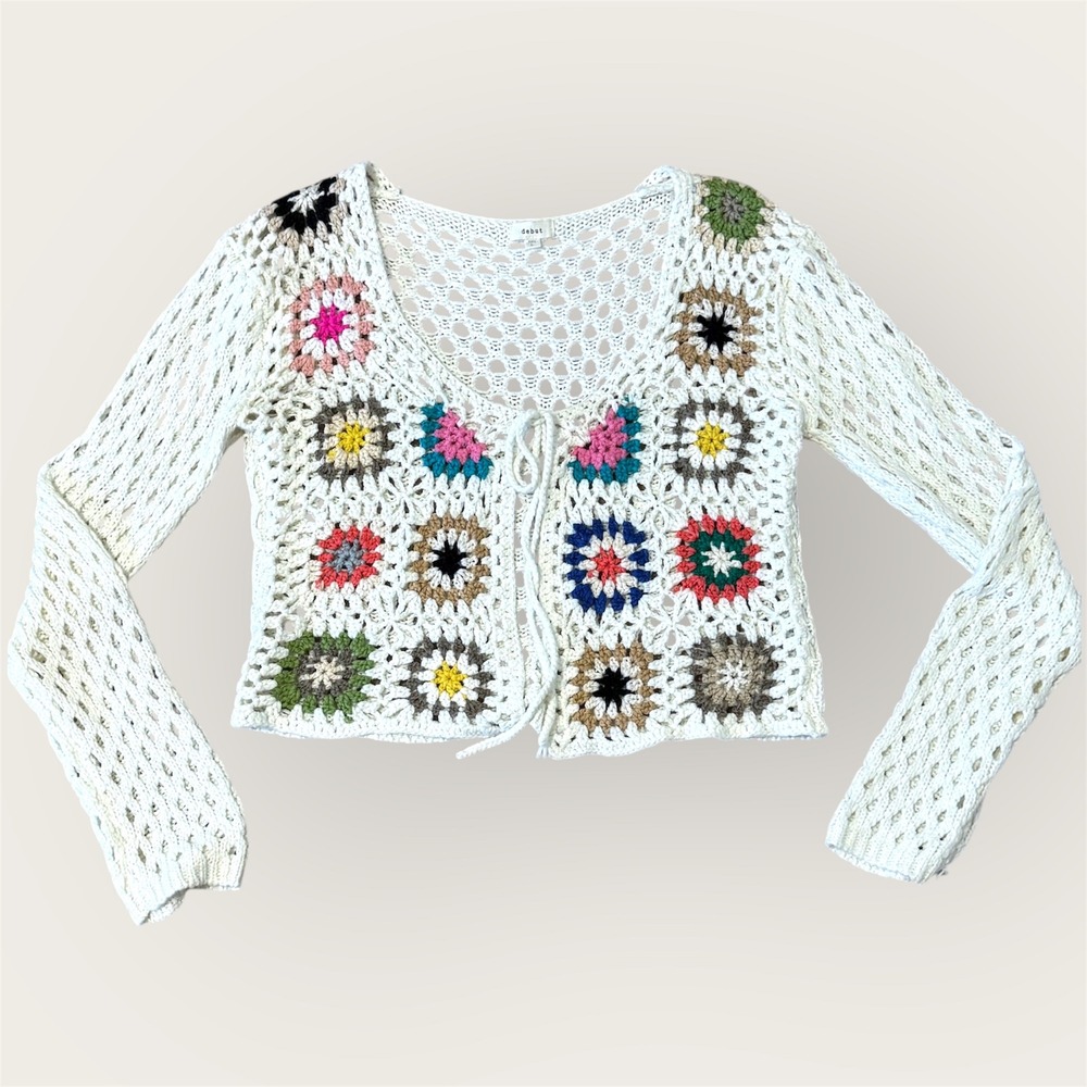 Debut Large Crochet Granny Square Cardigan White Long Sleeve Tie Front Knit Top